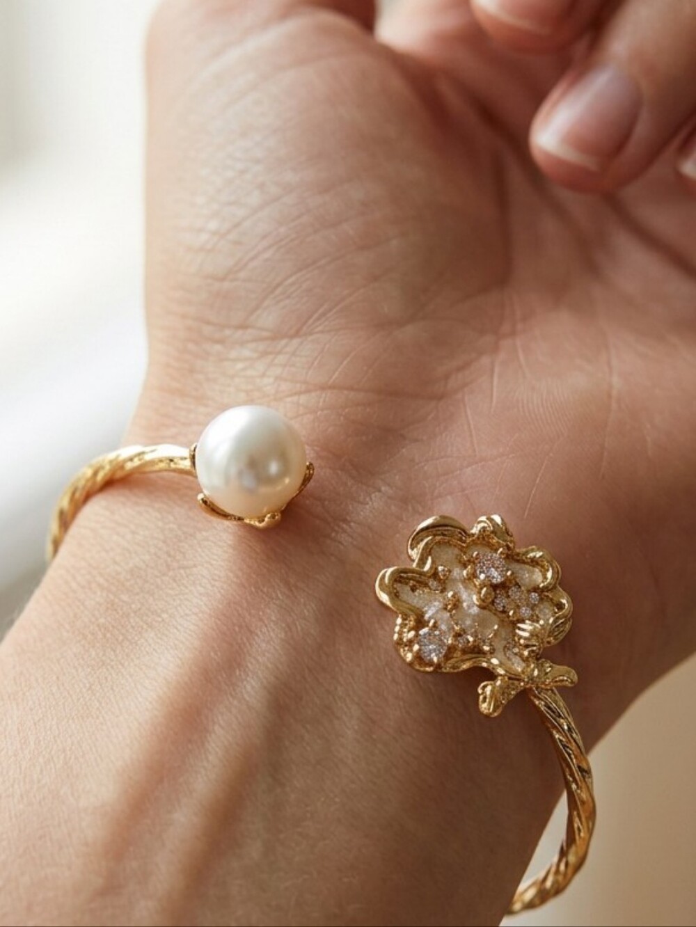 Gold Open Cuff Bracelet with White Pearl & Floral Accent